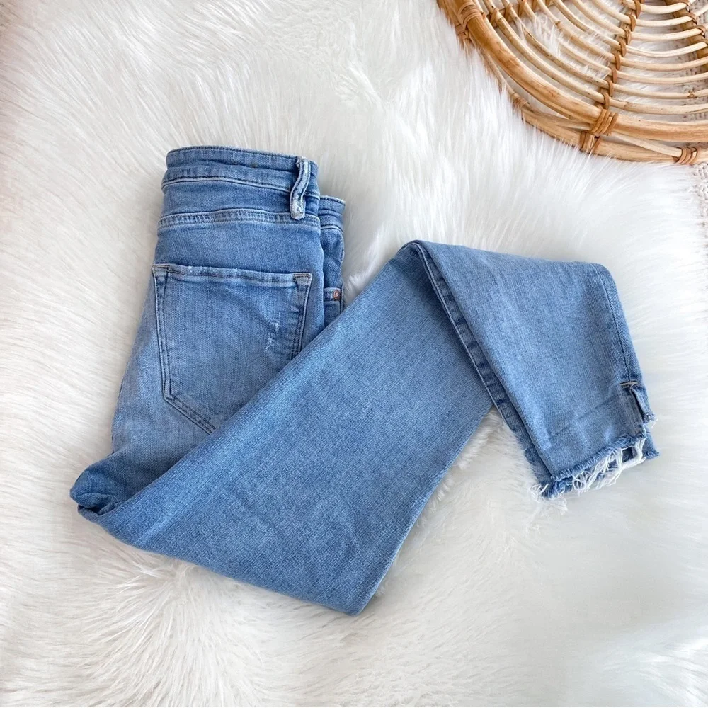All Saints Roxanne Cropped Jeans Blue Raw Hem Distressed High Waisted Waist 28
